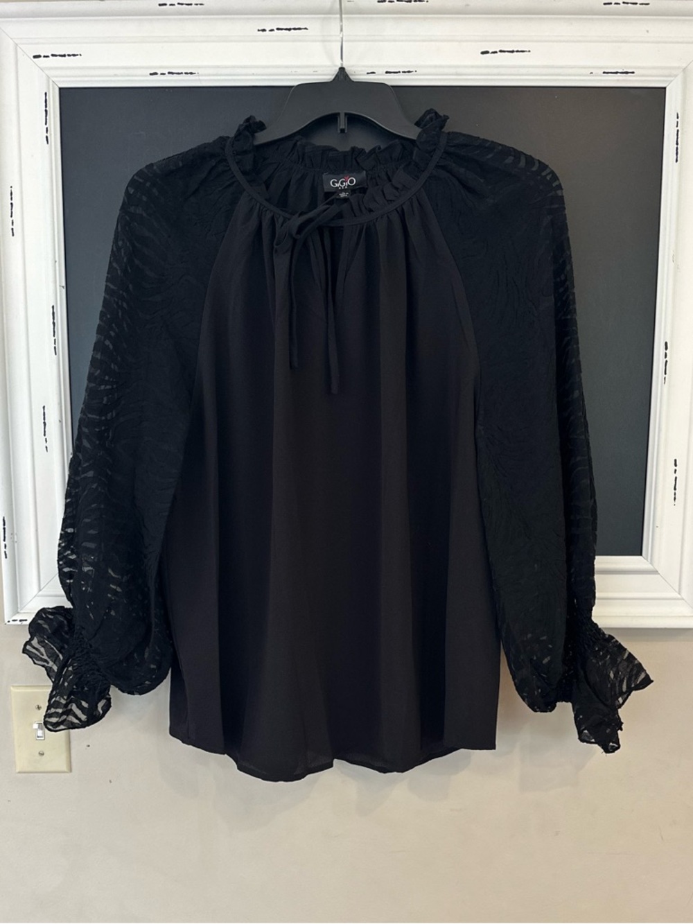 GiGio Black Ruffled Blouse With Sheer Long Sleeves Sz. L